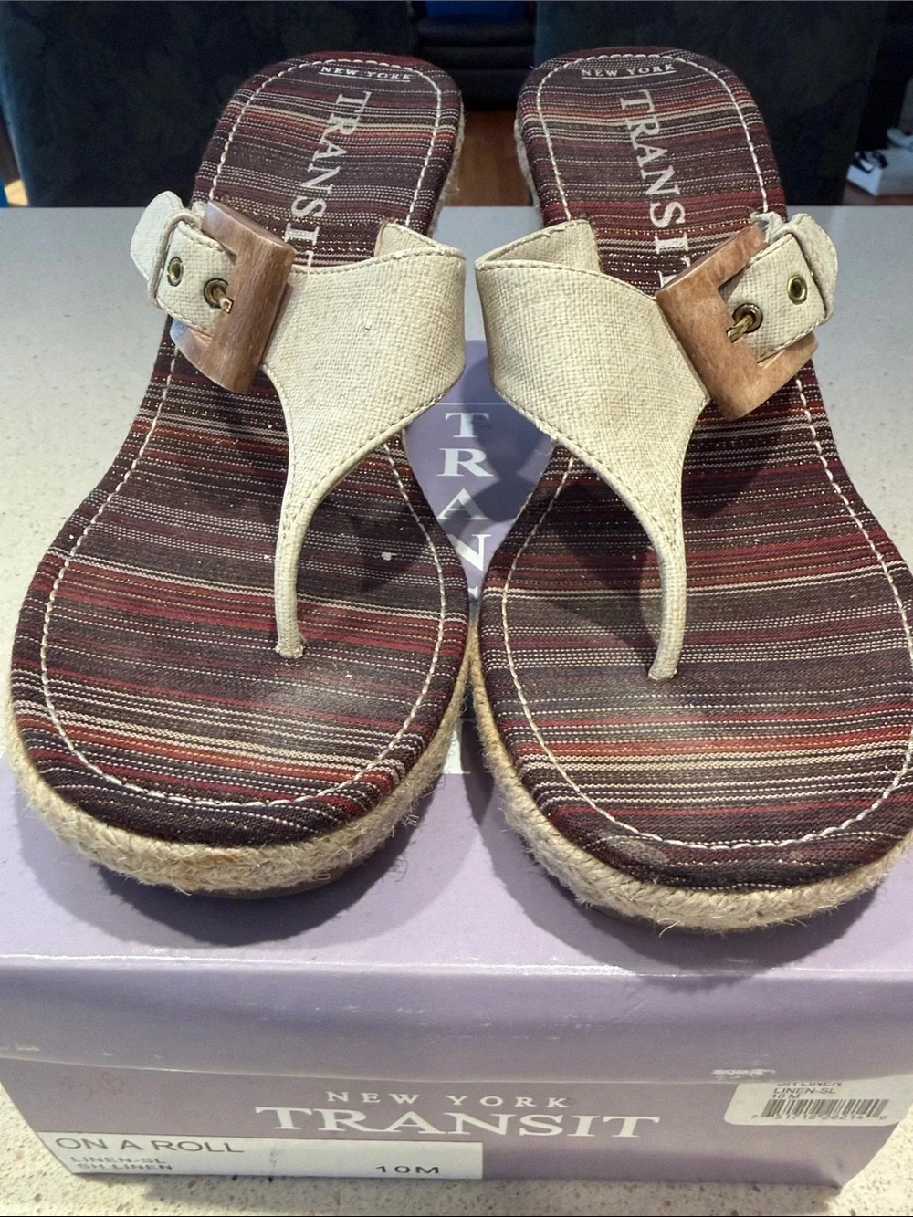 New York Transit Cream Wedge Thong Sandals with Wooden Buckle